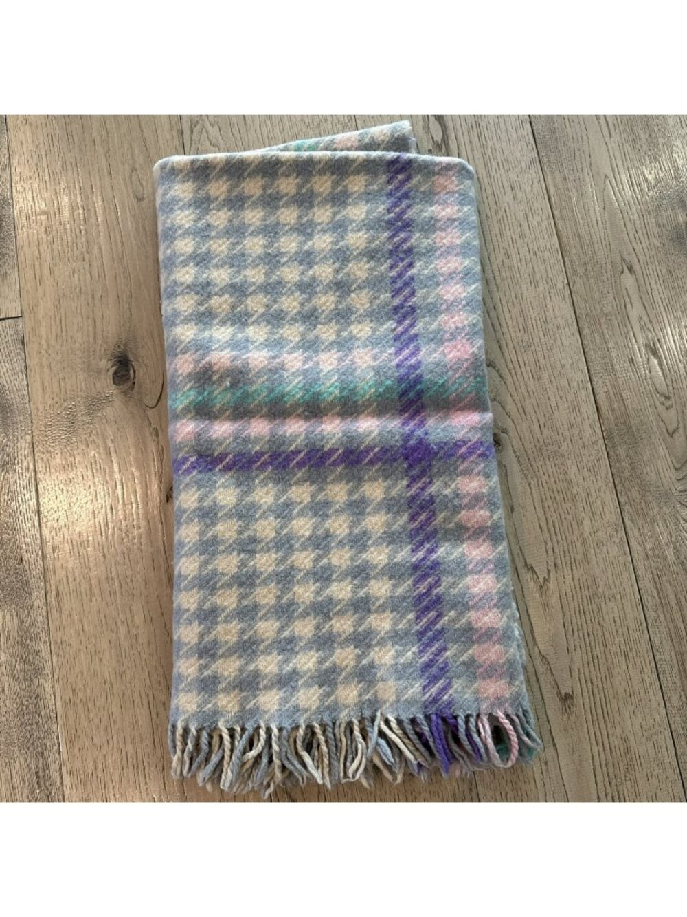 Vintage Wool Houndstooth Check Blanket Throw Lap Stadium 51Lx50W Multi-Color
